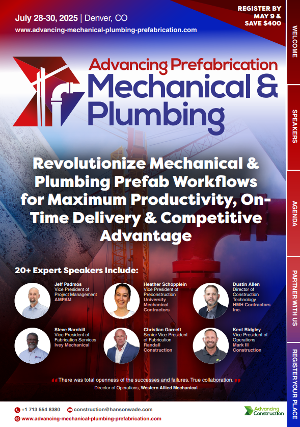 Advancing Mechanical & Plumbing Prefabrication 2025 brochure cover image Advancing Mechanical & Plumbing Prefabrication 2025 brochure cover image